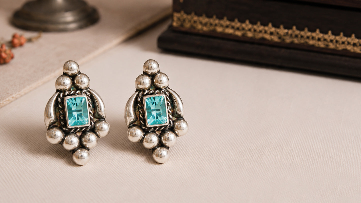 Sangeeta Boochra Artisan Oxidised Silver Aqua Blue Stud Earrings
