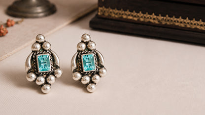 Sangeeta Boochra Artisan Oxidised Silver Aqua Blue Stud Earrings