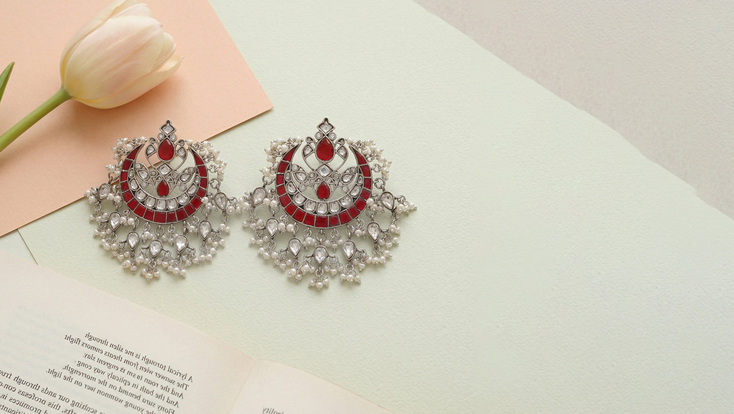 Sangeeta Boochra Classic Red & Pearl Kundan Chandbali