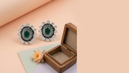Sangeeta Boochra Emerald Glow Moissanite Silver Earrings