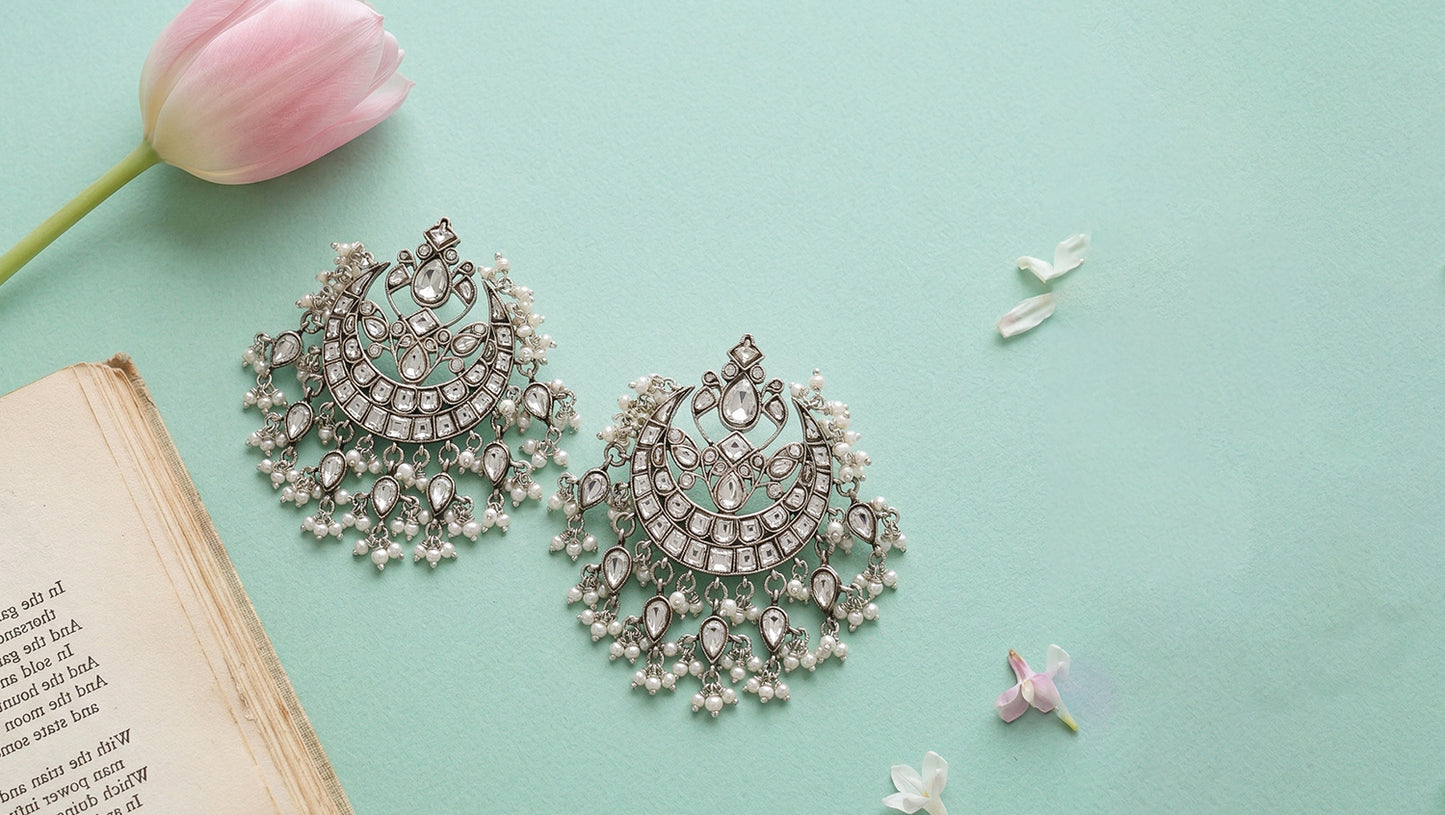 Sangeeta Boochra Classic Silver Kundan Chandbali Earrings