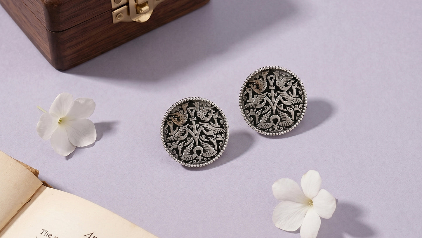 Sangeeta Boochra Folk Art Oxidised Silver Stud Earrings