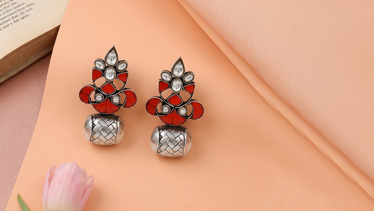 Sangeeta Boochra Kundan Silver Statement Earrings with Red Accents