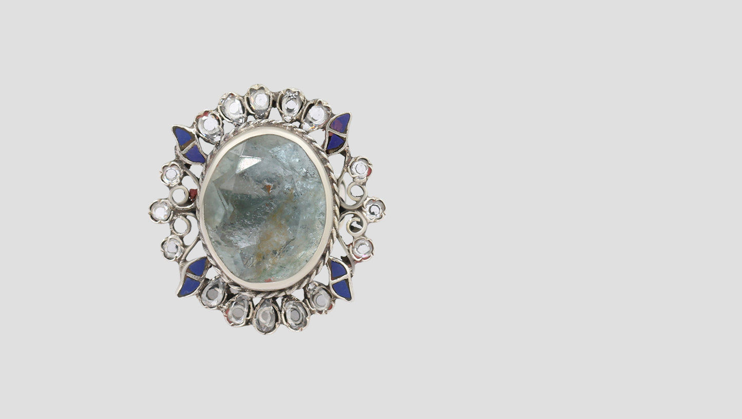 Sangeeta Boochra Designer Silver Ring with Lapis Kundan Accents