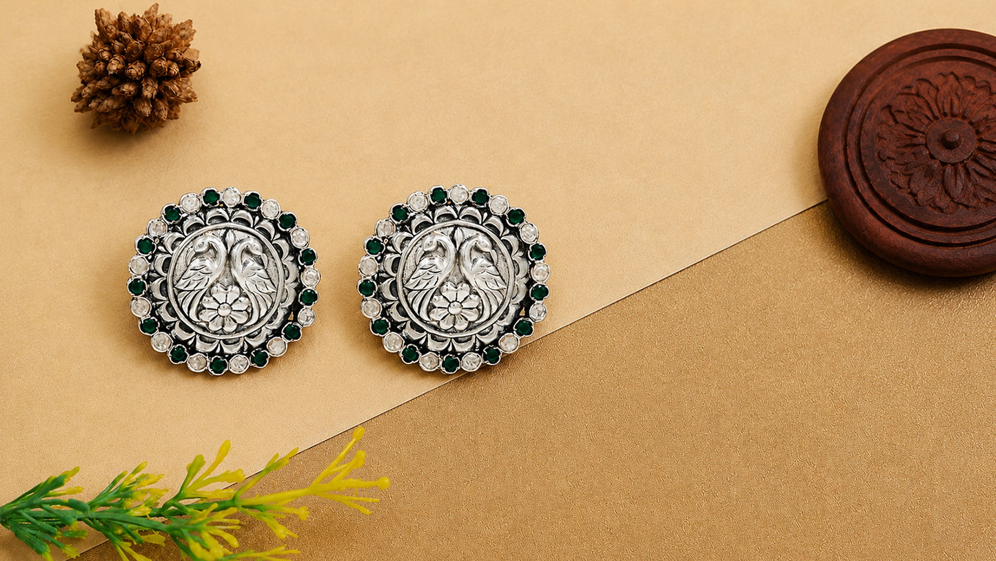 Sangeeta Boochra Signature Oxidised Silver Peacock Heritage Stud Earrings