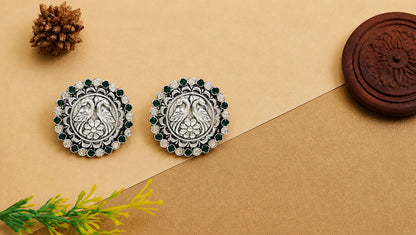 Sangeeta Boochra Signature Oxidised Silver Peacock Heritage Stud Earrings