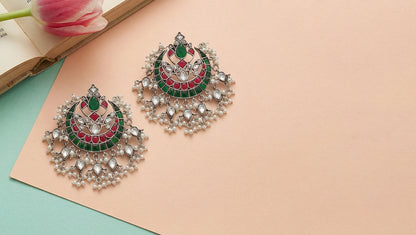 Sangeeta Boochra Festive Red & Green Kundan Chandbali Earrings