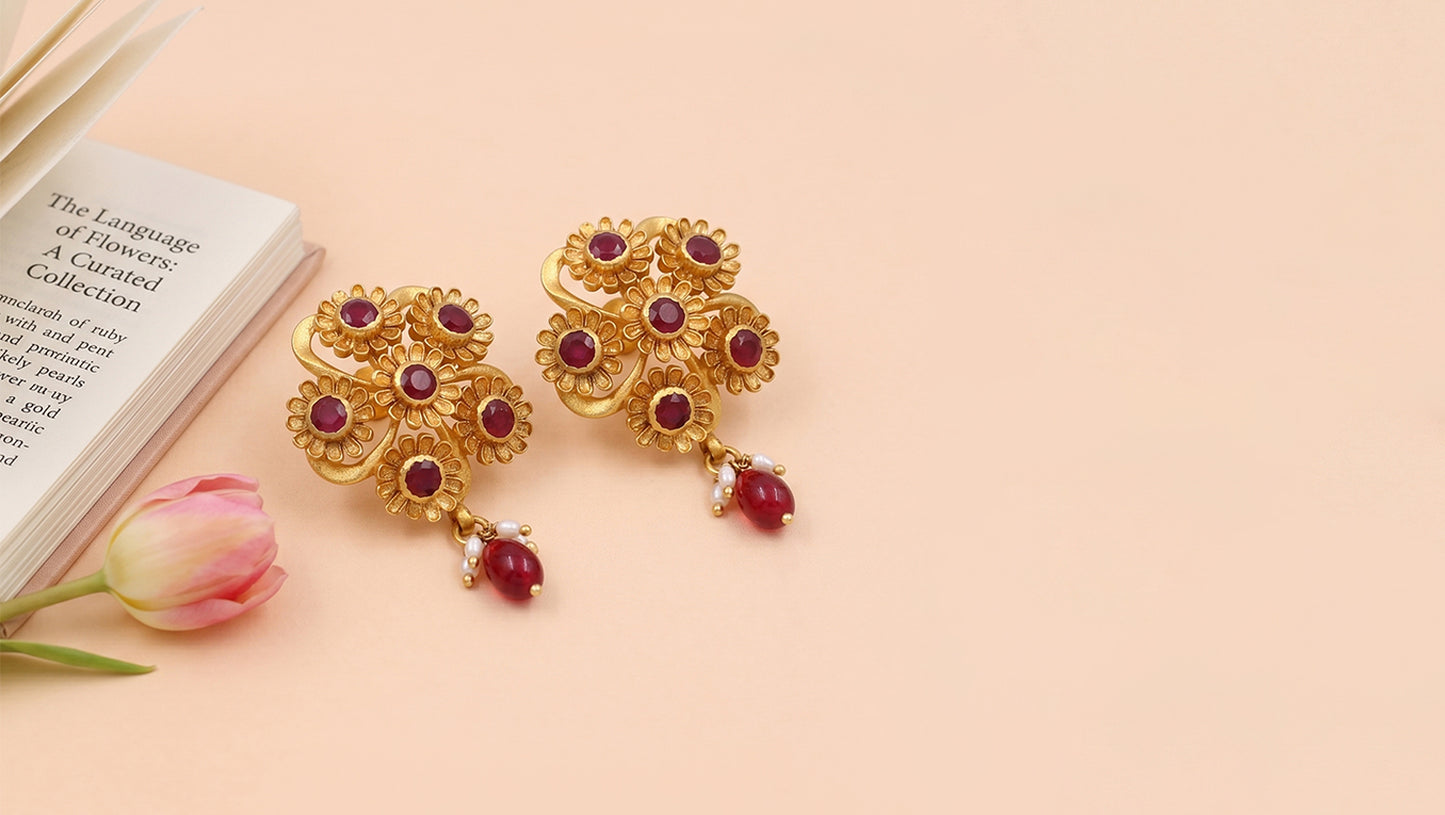 Sangeeta Boochra Gold-Plated Silver Kundan Earrings with Red Drops