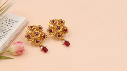 Sangeeta Boochra Gold-Plated Silver Kundan Earrings with Red Drops