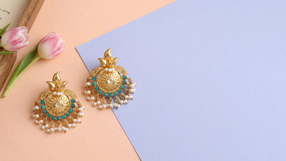 Sangeeta Boochra Artisan Gold Plated Earrings with Turquoise & Pearl Detailing