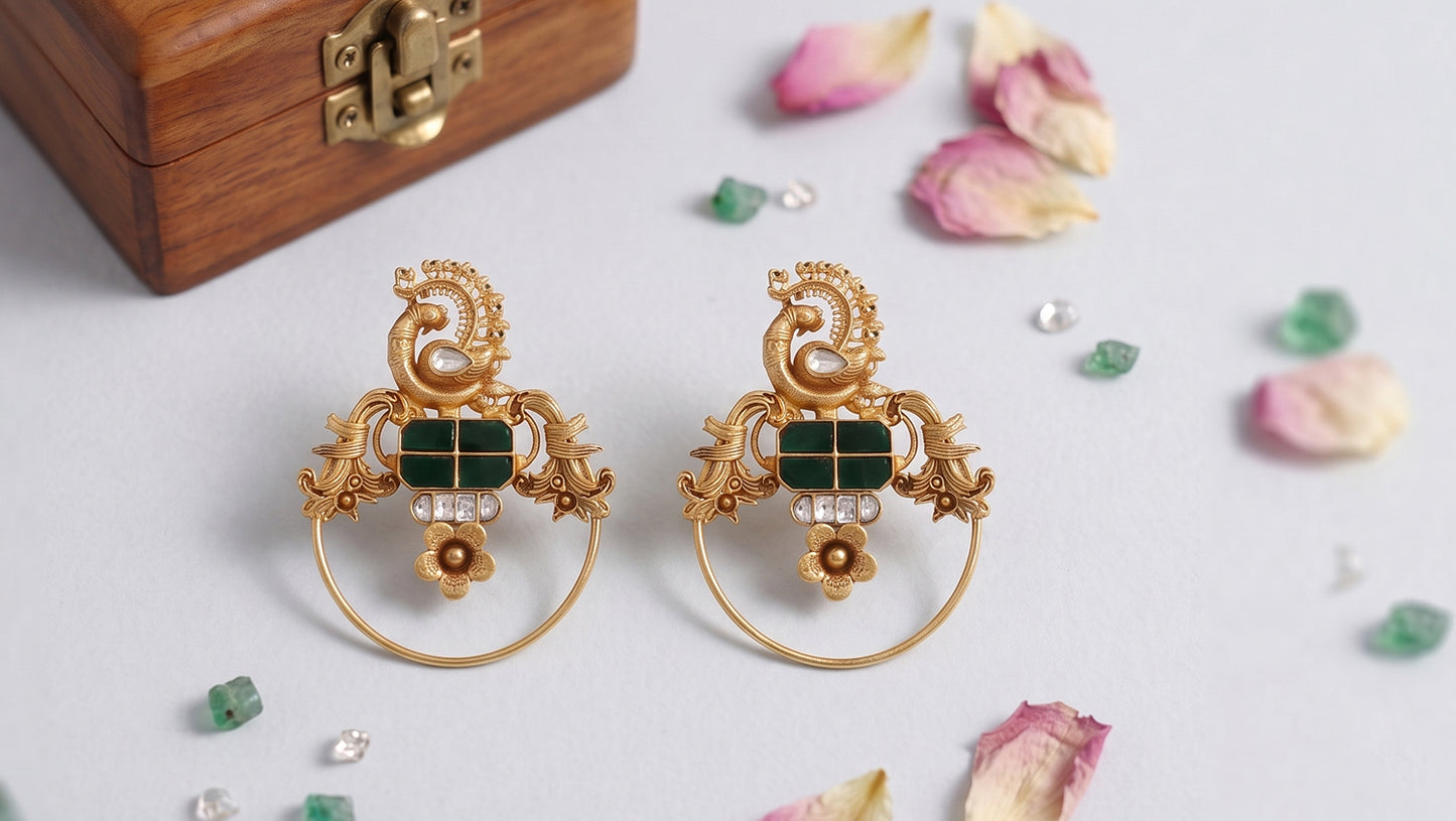 Sangeeta Boochra Handcrafted Gold Plated Peacock Motif Silver Kundan Earrings