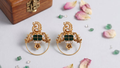 Sangeeta Boochra Handcrafted Gold Plated Peacock Motif Silver Kundan Earrings