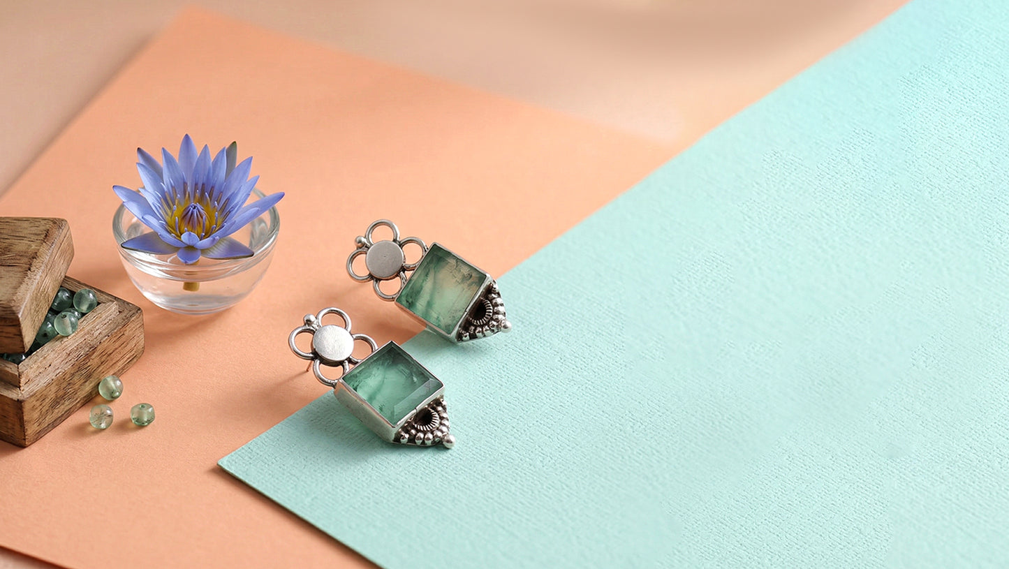 Sangeeta Boochra Handcrafted Silver Earrings with Green Stone