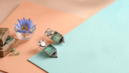 Sangeeta Boochra Handcrafted Silver Earrings with Green Stone