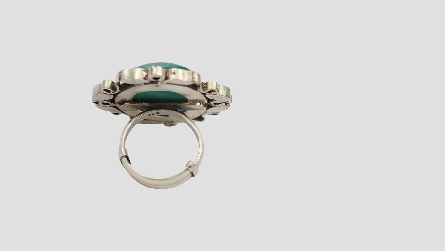 Sangeeta Boochra Statement Silver Ring with Green Stone & Red Detailing