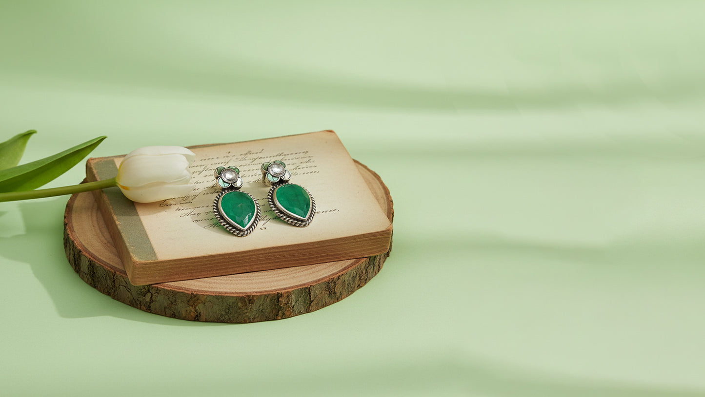 Sangeeta Boochra Oxidised Silver Green Teardrop Stone Earrings