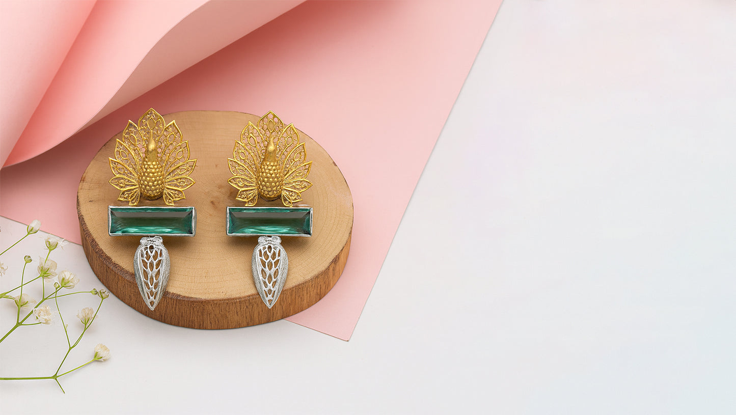 Sangeeta Boochra Handcrafted Peacock Motif Silver Earrings