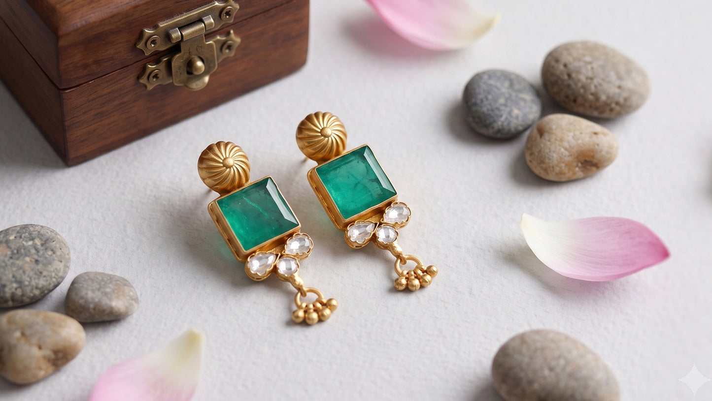 Sangeeta Boochra Gold Plated 925 Silver Green Stone & Moissanite Finish Stud Earrings