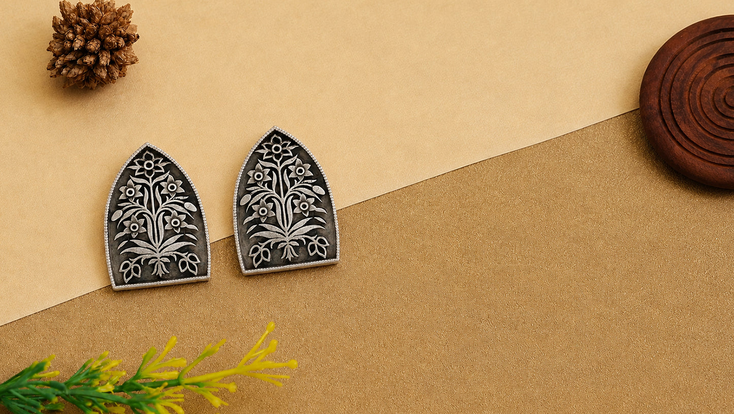 Sangeeta Boochra Handcrafted Oxidised Silver Heritage Floral Stud Earrings