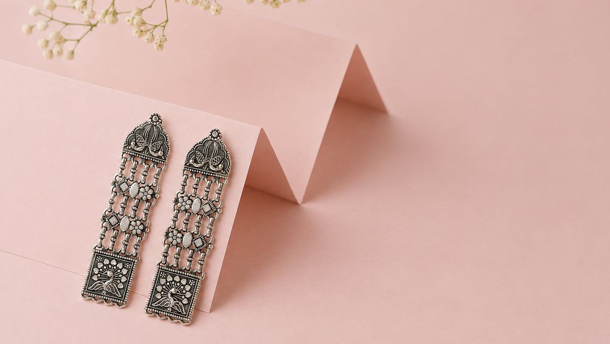 Sangeeta Boochra Handcrafted Oxidised Silver Peacock Motif Long Earrings