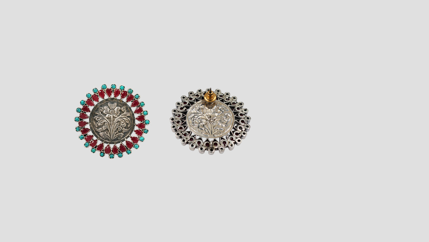Sangeeta Boochra Heritage Floral Oxidised Silver Round Earrings