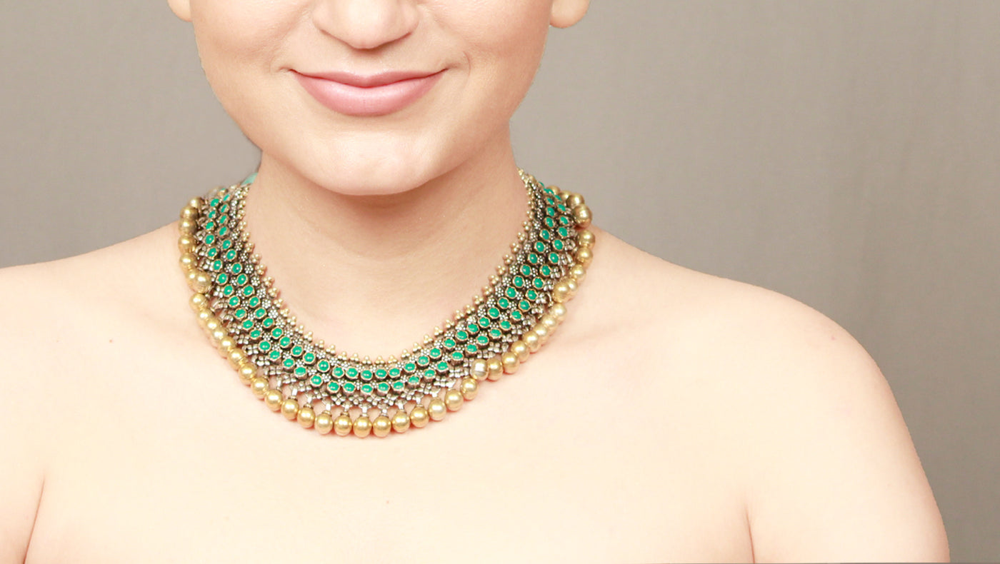 Sangeeta Boochra Dual Tone Silver Necklace With Turquoise Stone