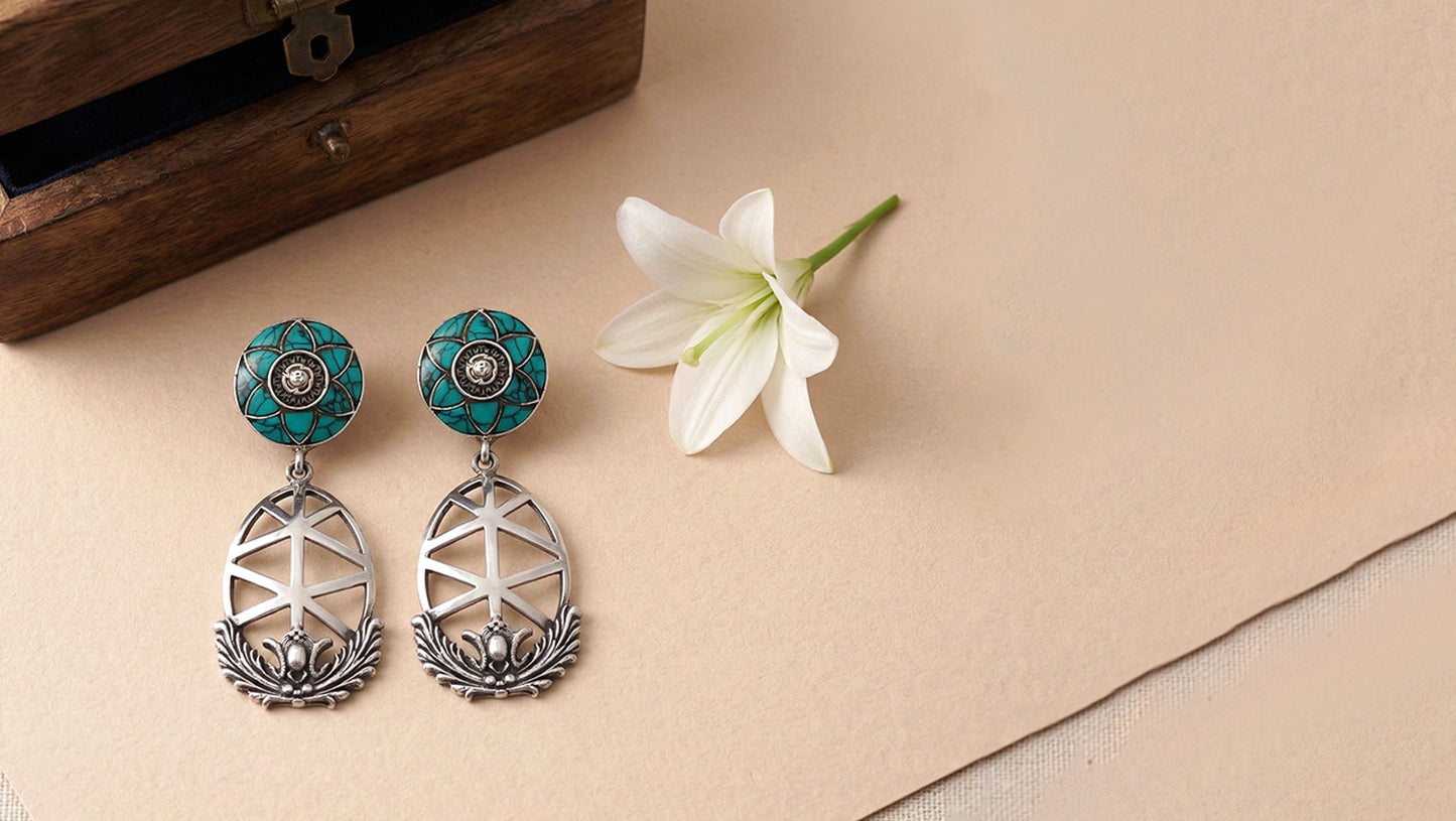 Sangeeta Boochra Turquoise Floral Silver Drop Earrings