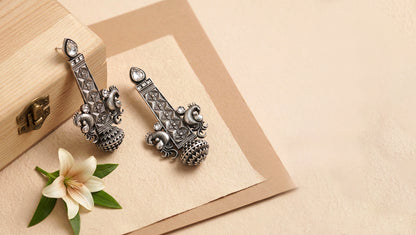 Sangeeta Boochra Royal Peacock Design Handcrafted Silver Earrings