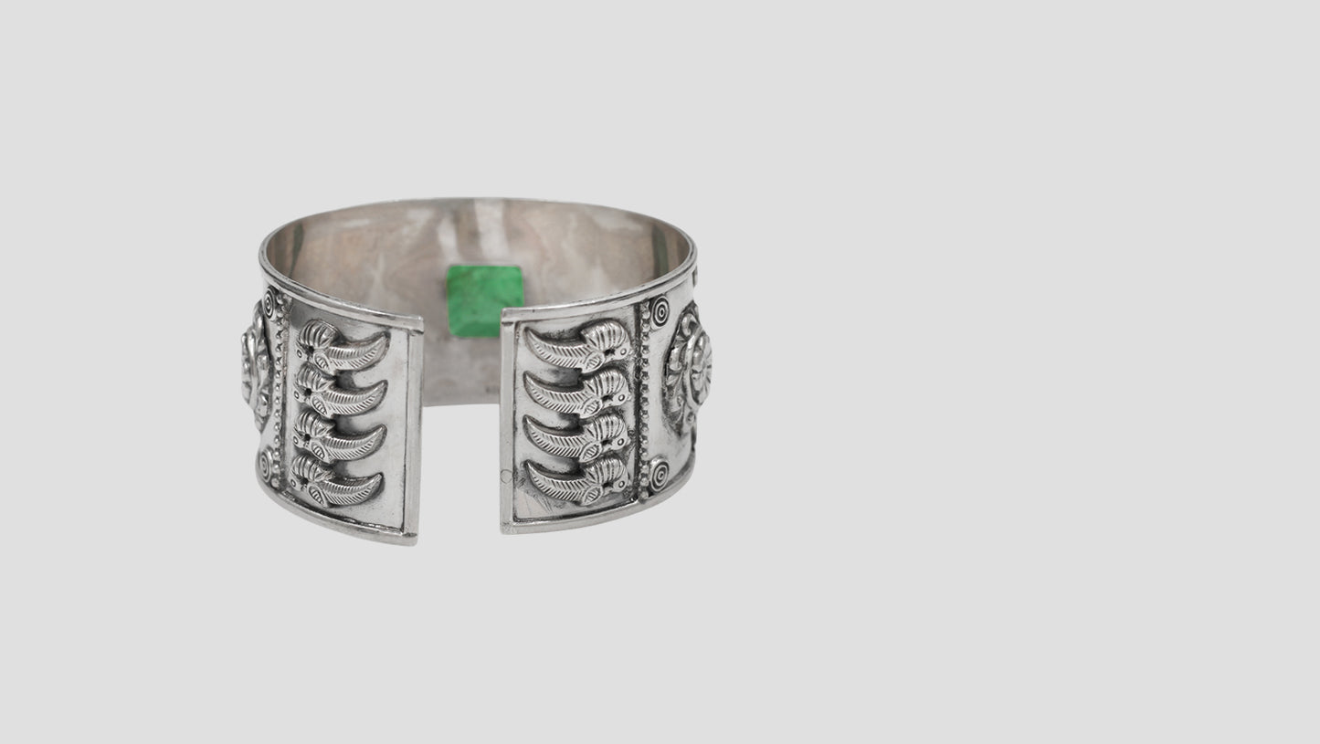 Sangeeta Boochra Artisan Oxidised Silver Hand Cuff with Fish Detailing