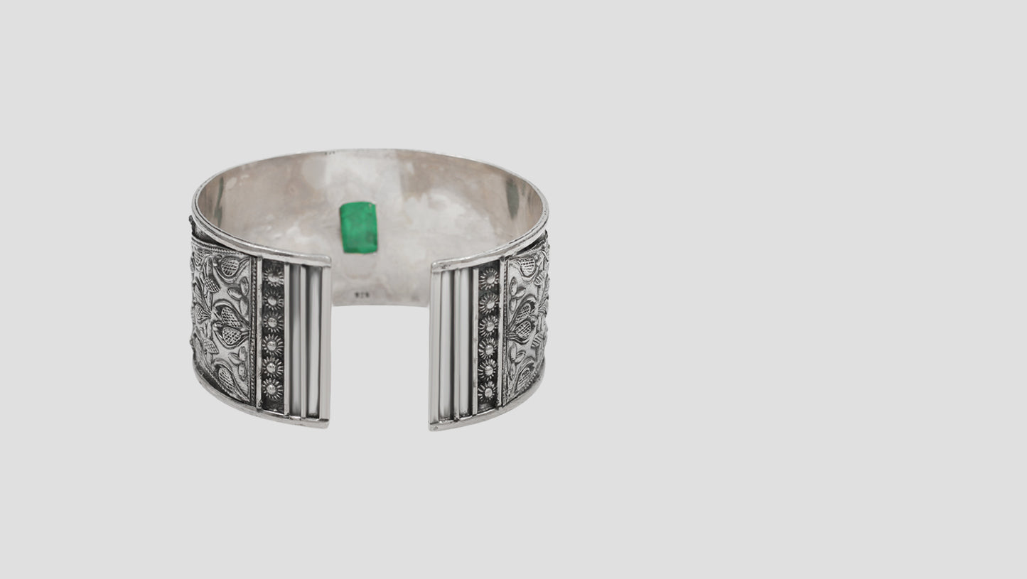 Sangeeta Boochra Classic Silver Hand Cuff with Green Center Stone