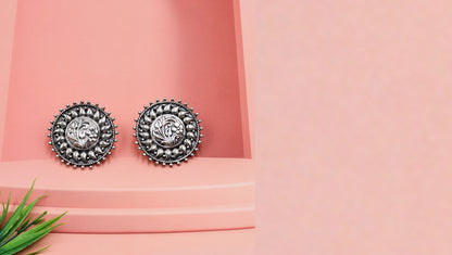 Oxidised Silver Floral Statement Studs by Sangeeta Boochra