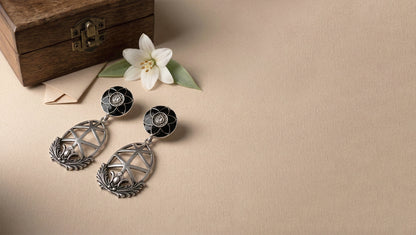 Sangeeta Boochra Handcrafted Black Stone Silver Danglers