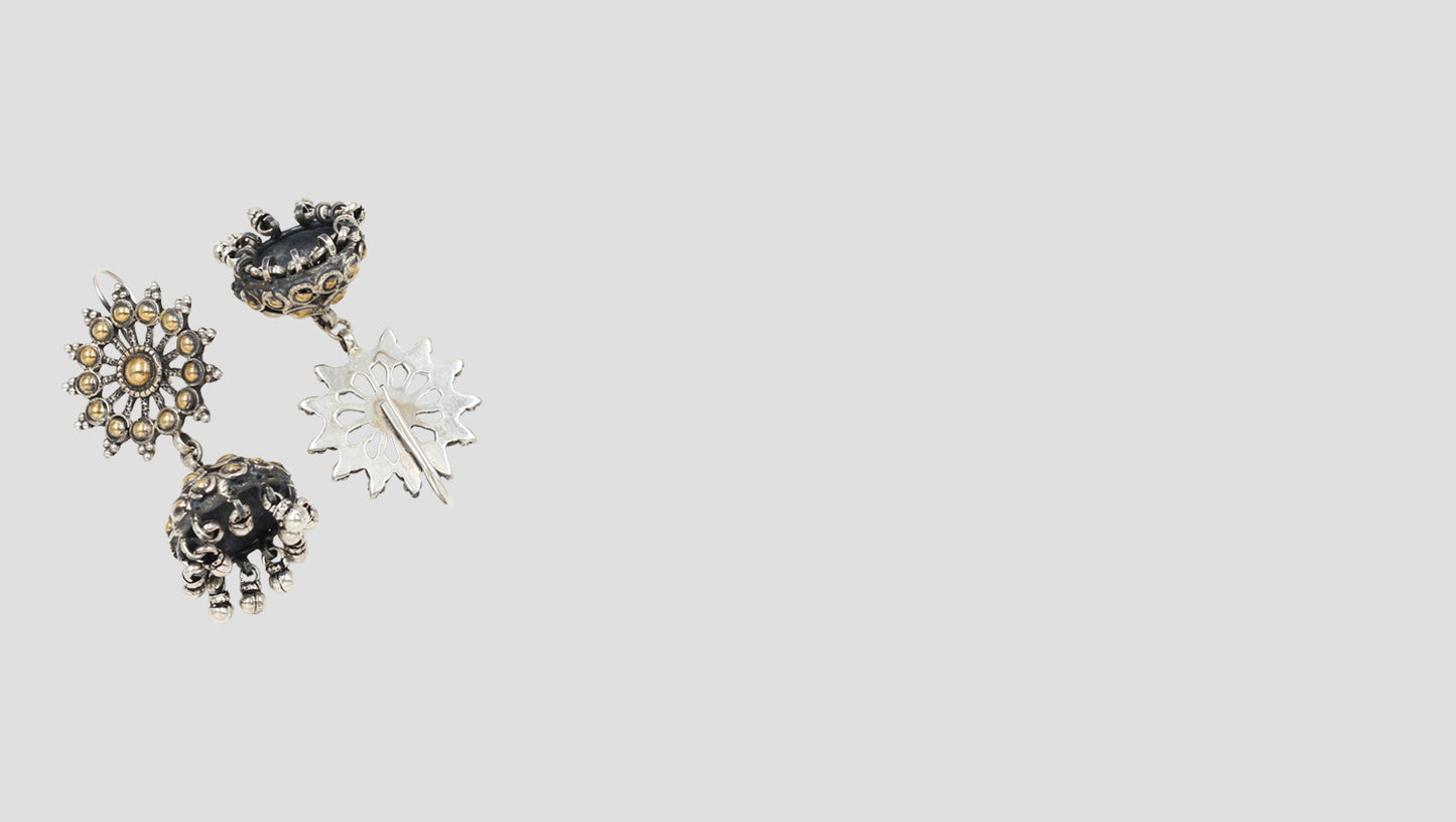 Sunburst Elegance: Oxidized Silver & Gold-Plated Jhumkas