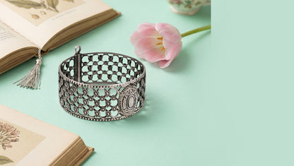 Sangeeta Boochra Intricate Floral Oxidised Silver Openable Bangle