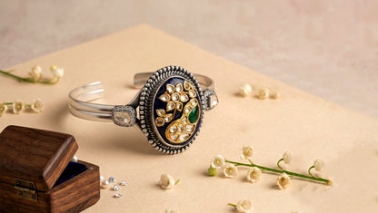Sangeeta Boochra Oxidised Silver Bracelet with Lapis-Tone Centerpiece & Kundan Work
