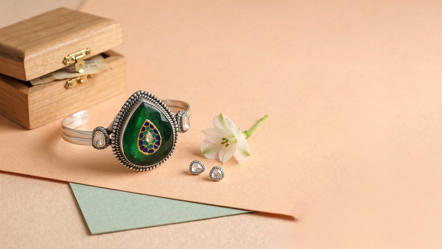 Sangeeta Boochra Handcrafted Green Stone & Kundan Silver Hand Bracelet