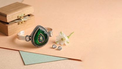 Sangeeta Boochra Handcrafted Green Stone & Kundan Silver Hand Bracelet