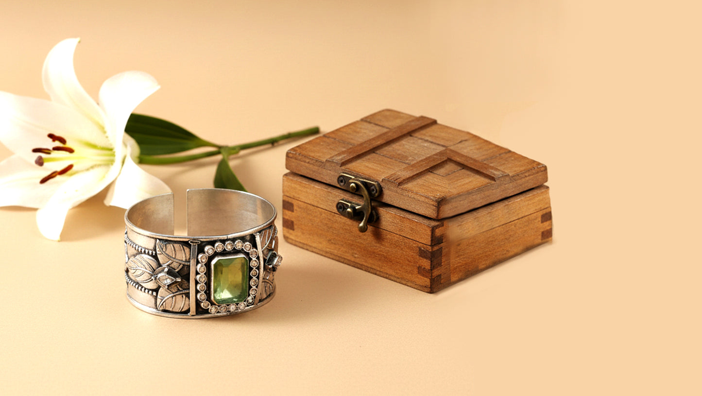Sangeeta Boochra Artisan Oxidised Silver Cuff with Green Center Stone