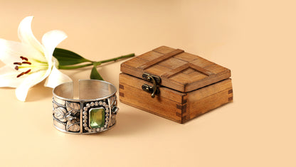 Sangeeta Boochra Artisan Oxidised Silver Cuff with Green Center Stone