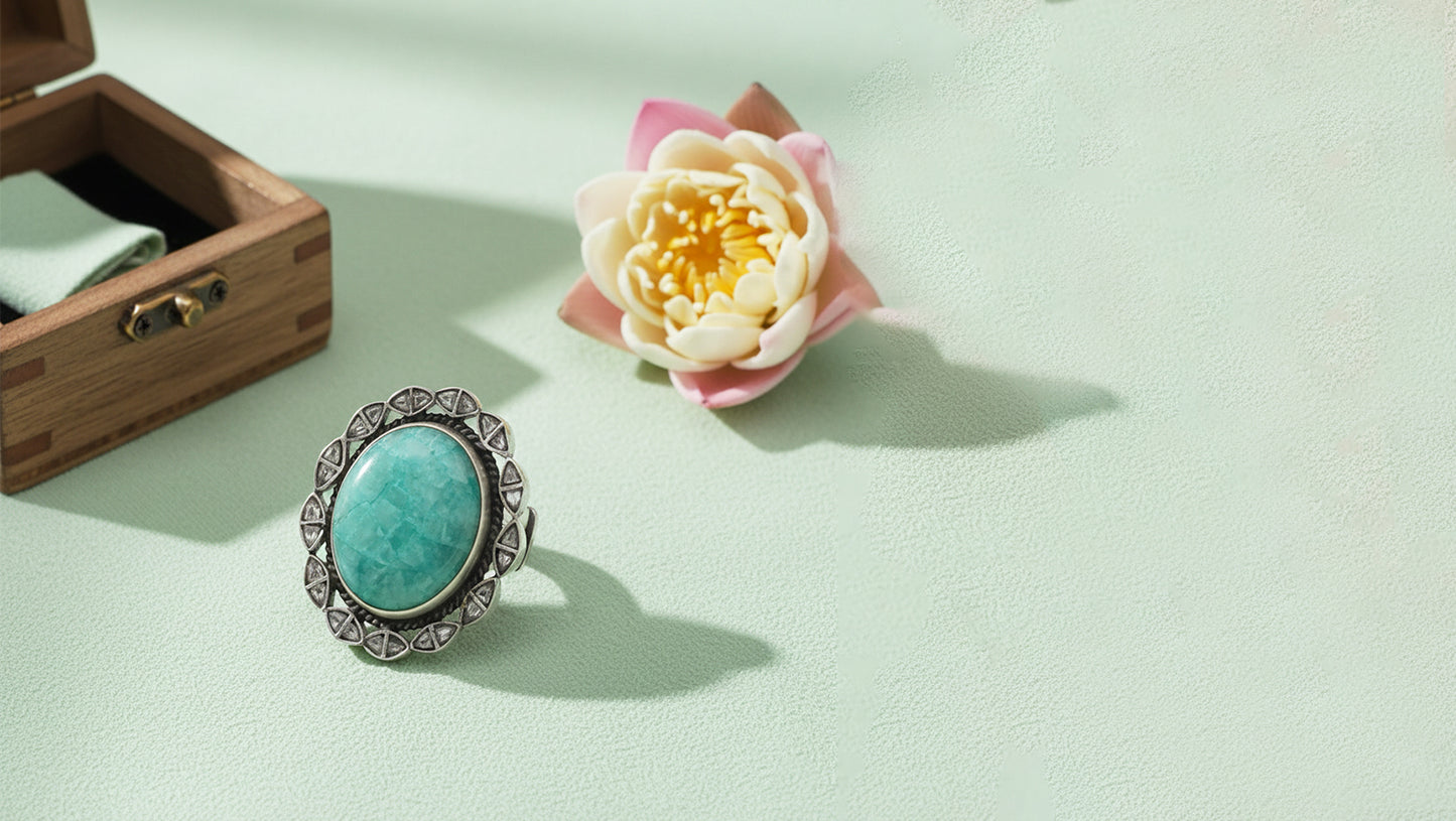 Sangeeta Boochra Handcrafted Silver Round Green Stone Ring