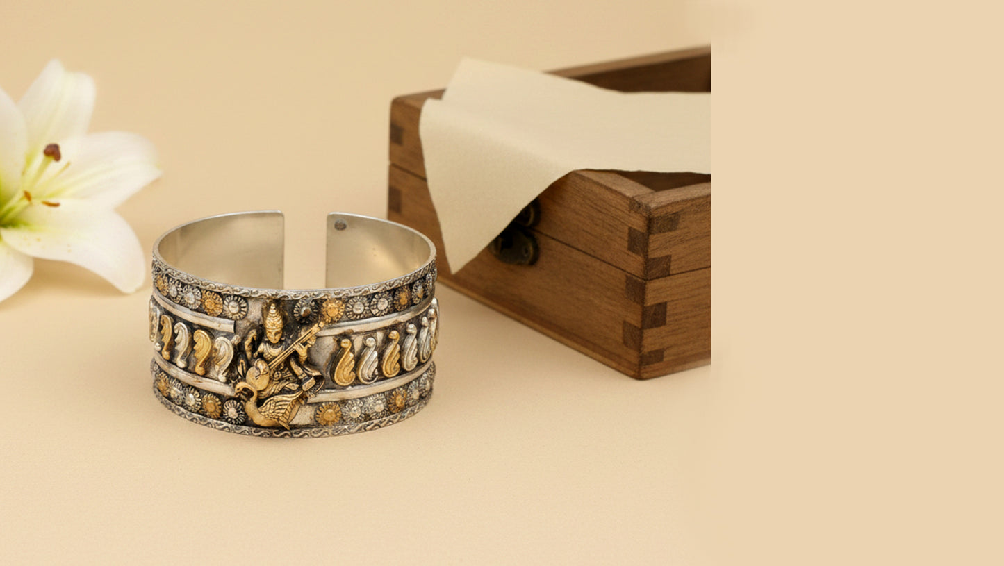 Divine Saraswati Dual-Tone Silver Cuff by Sangeeta Boochra