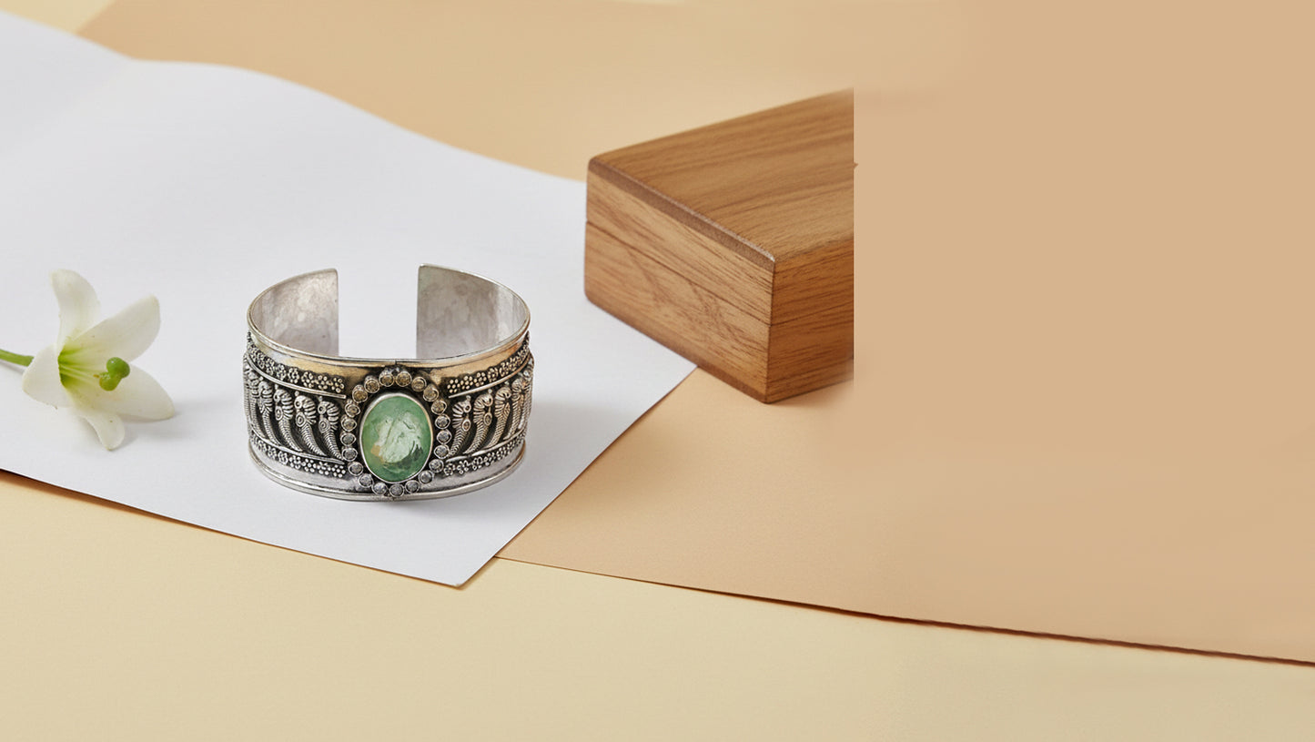 Sangeeta Boochra Heritage Oxidised Silver Cuff with Green Center Stone