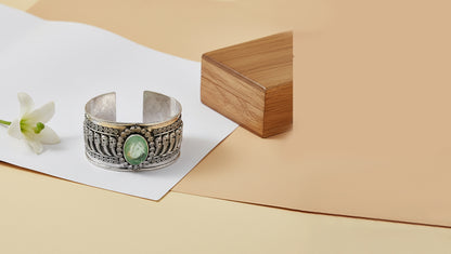 Sangeeta Boochra Heritage Oxidised Silver Cuff with Green Center Stone