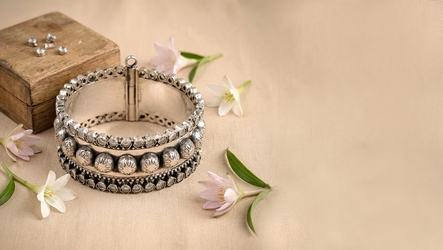 Sangeeta Boochra Artisan Oxidised Silver Textured Hinged Bangle