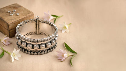 Sangeeta Boochra Artisan Oxidised Silver Textured Hinged Bangle
