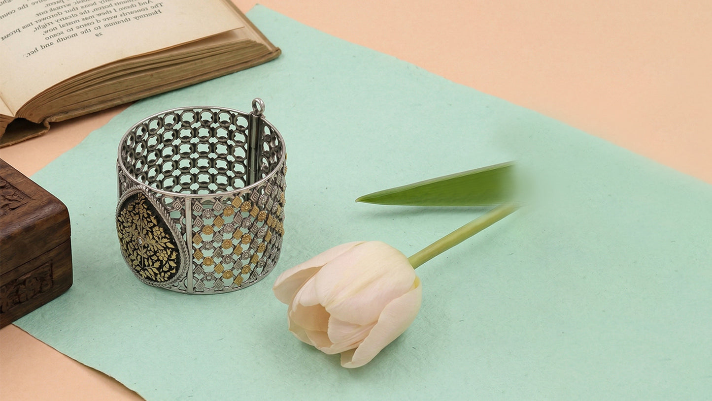 Sangeeta Boochra Statement Silver Bangle with Gold Accents & Floral Motif