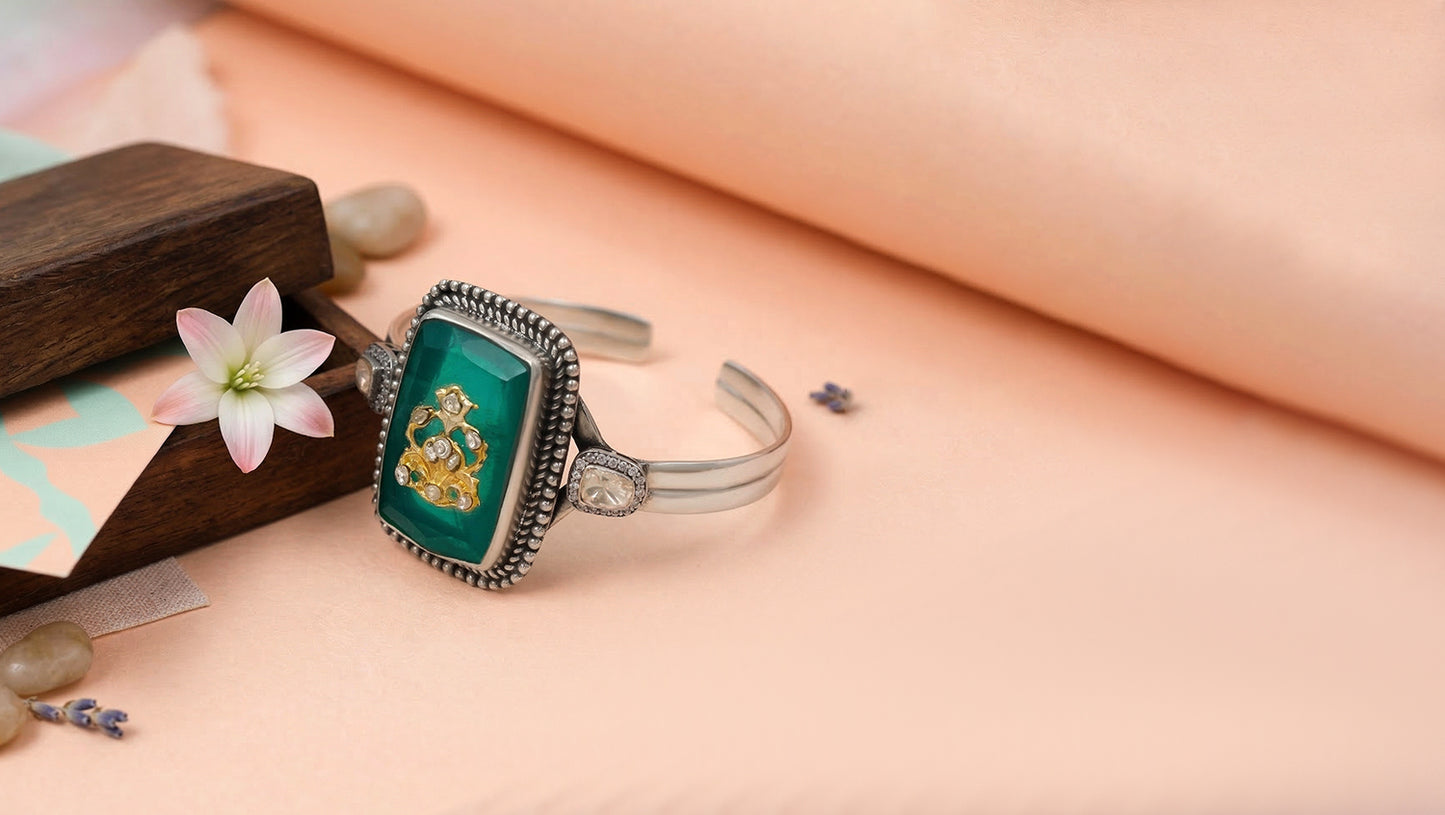 Sangeeta Boochra Artisan Kundan Green Stone Silver Bracelet