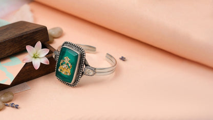 Sangeeta Boochra Artisan Kundan Green Stone Silver Bracelet