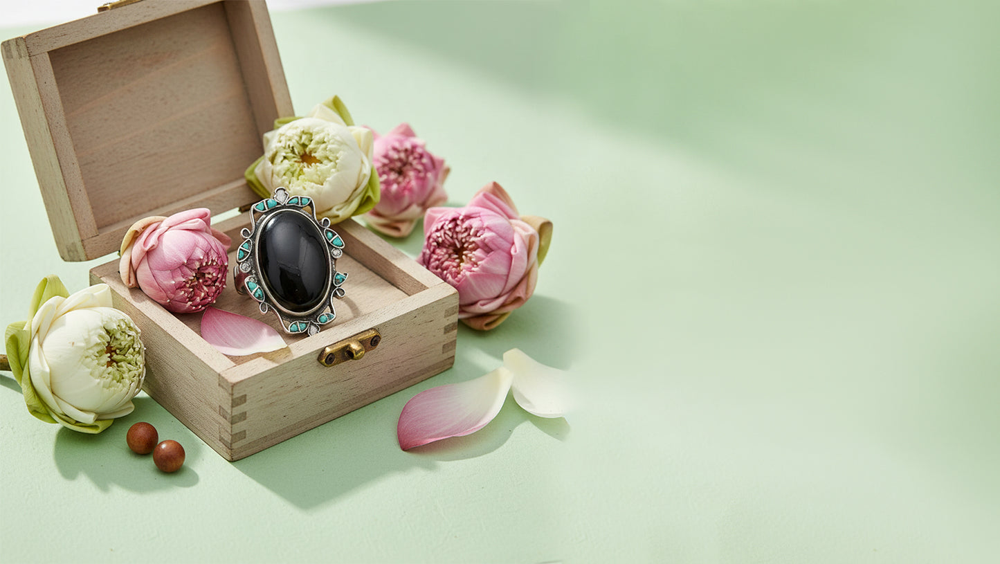 Sangeeta Boochra Handcrafted Silver Ring with Oval Black Stone