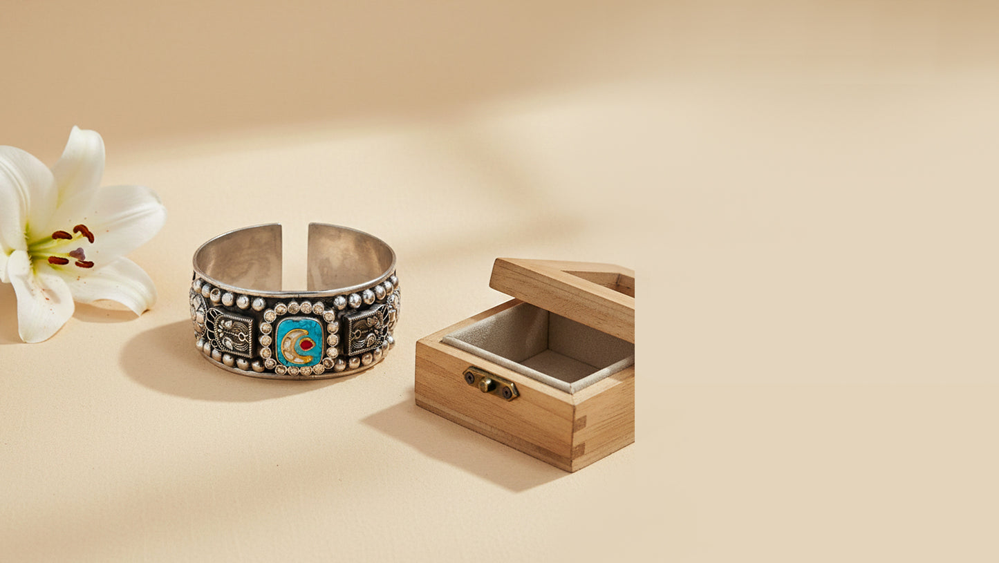 Sangeeta Boochra Artisan Oxidised Silver Cuff with Stone Detailing